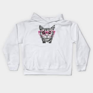 pencil black and white drawing of curious cat wearing light pink colored glasses art Kids Hoodie
